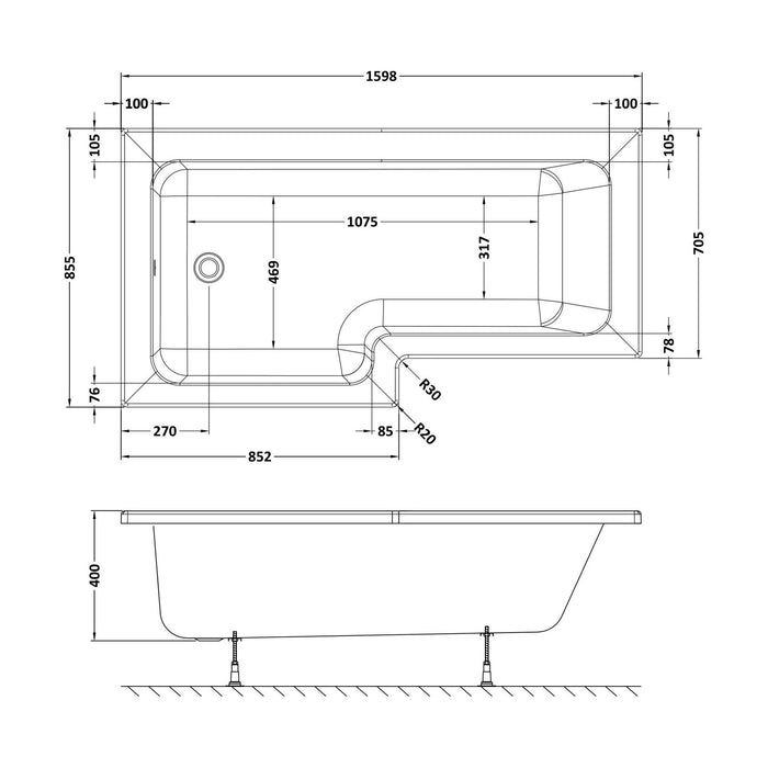 [BBL16L] L SQUARE SHOWER BATH LH 1600x850x700x585 - Technical Drawing