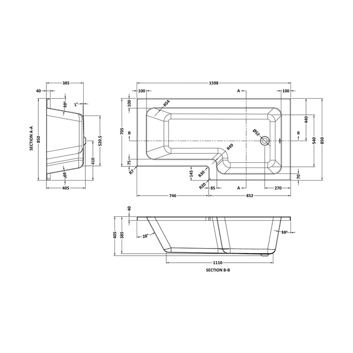 [BBL16R] L SQUARE SHOWER BATH RH 1600x850x700x585 - Technical Drawing
