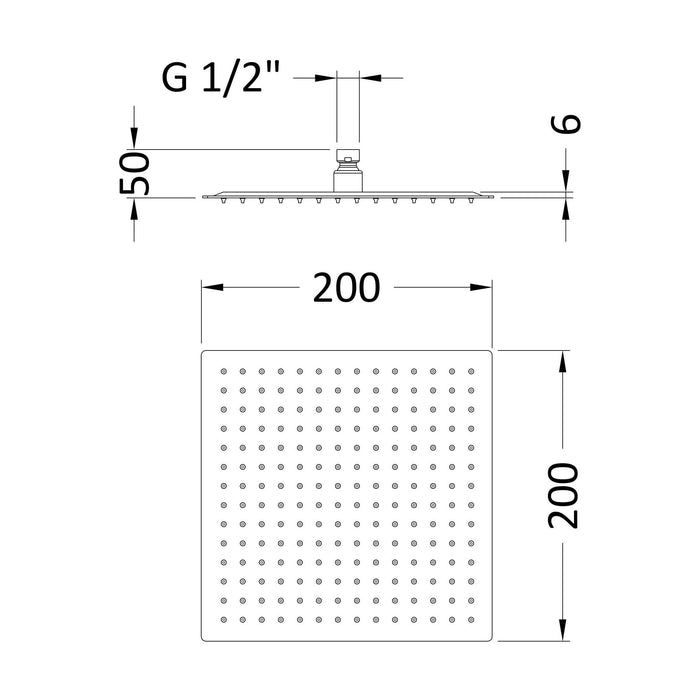 [BSSH1588] Square Fixed Head 200mm Diameter - Technical Drawing