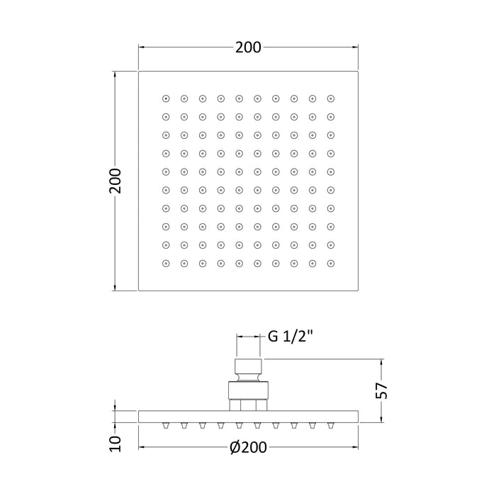 [BSSH070] Square LED Fixed Shower Head, 200mm - Chrome - Technical Drawing
