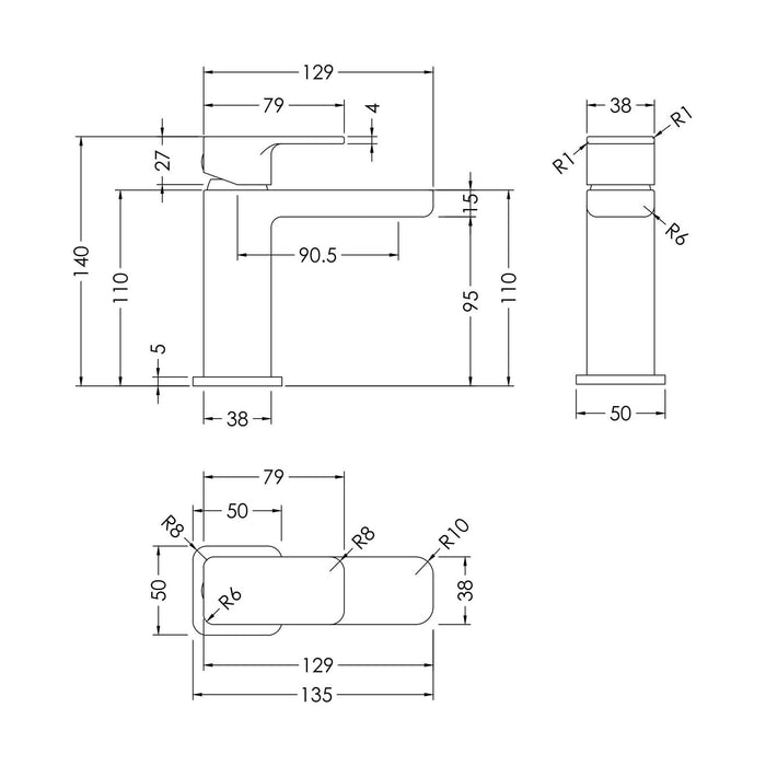 [BTEM315] Square Mini Mono Basin Mixer Tap & Push Button Waste - Chrome - Technical Drawing