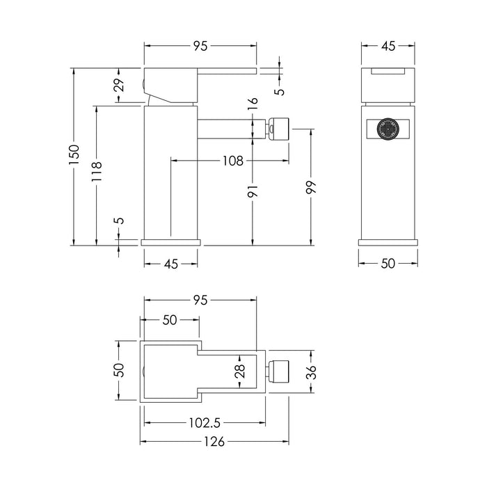 [BTRP306] Square Mono Bidet Mixer Tap and Pop Up Waste - Chrome - Technical Drawing
