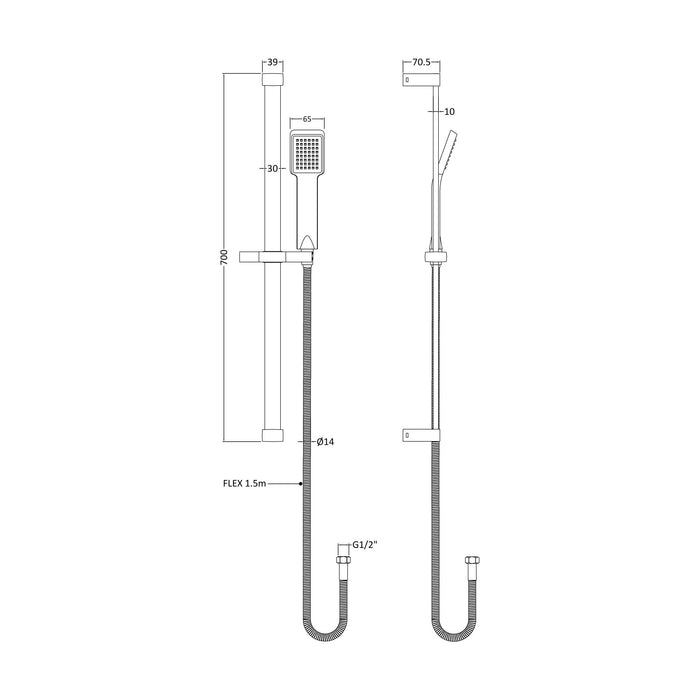 [BSSR059] Square Slide Rail Shower Kit with Single Function Head - Chrome - Technical Drawing