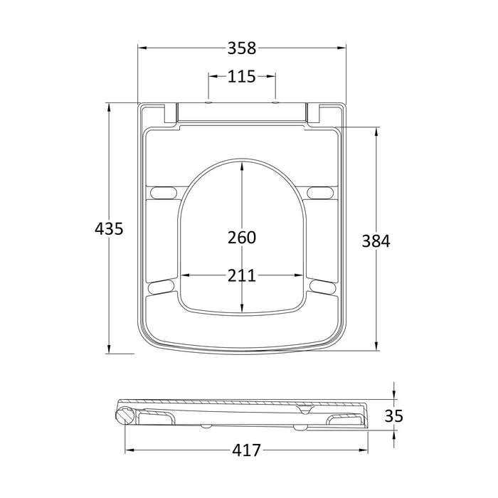 [BCOP198] Square Soft Close Toilet Seat with Top Fix Hinge, Choice of Cover Caps Finish - Technical Drawing