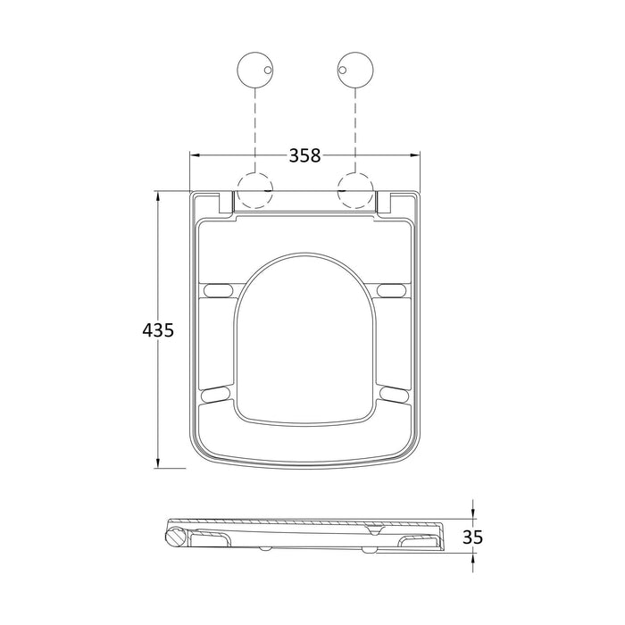 [BCOP198B] Square Soft Close Toilet Seat with Top Fix Hinge, Choice of Cover Caps Finish - Technical Drawing