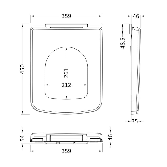 [BCOP196] Square Top Fix Soft Close Toilet Seat with Squared Edge - White - Technical Drawing