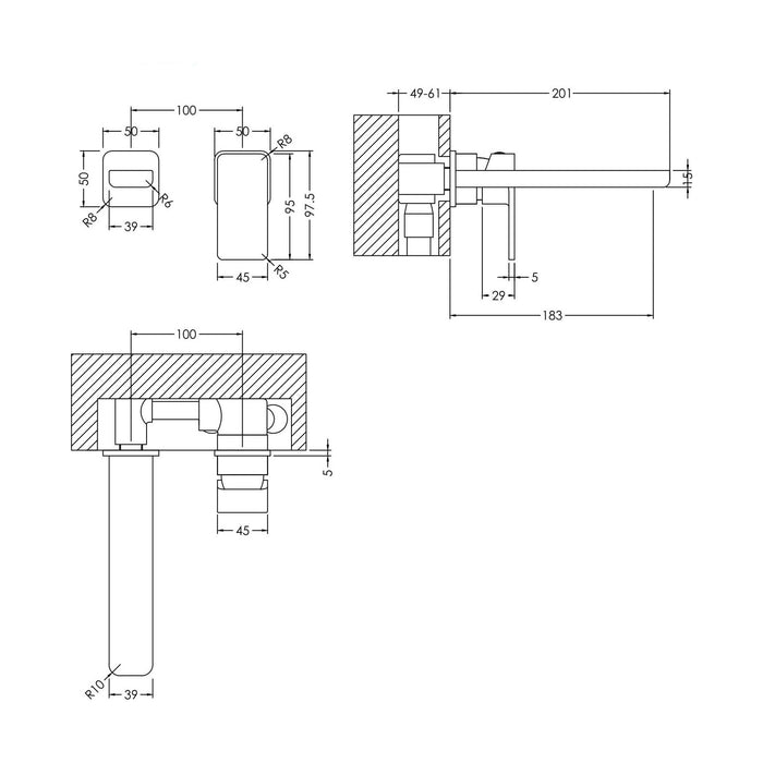 [BTEM381] Square Wall Mount 2 Tap Hole Basin Mixer Tap Chrome - Technical Drawing