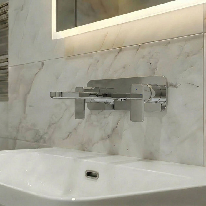 [BTEM350] Square Wall Mount 3 Tap Hole Basin Mixer Tap & Back Plate - Chrome - Silo
