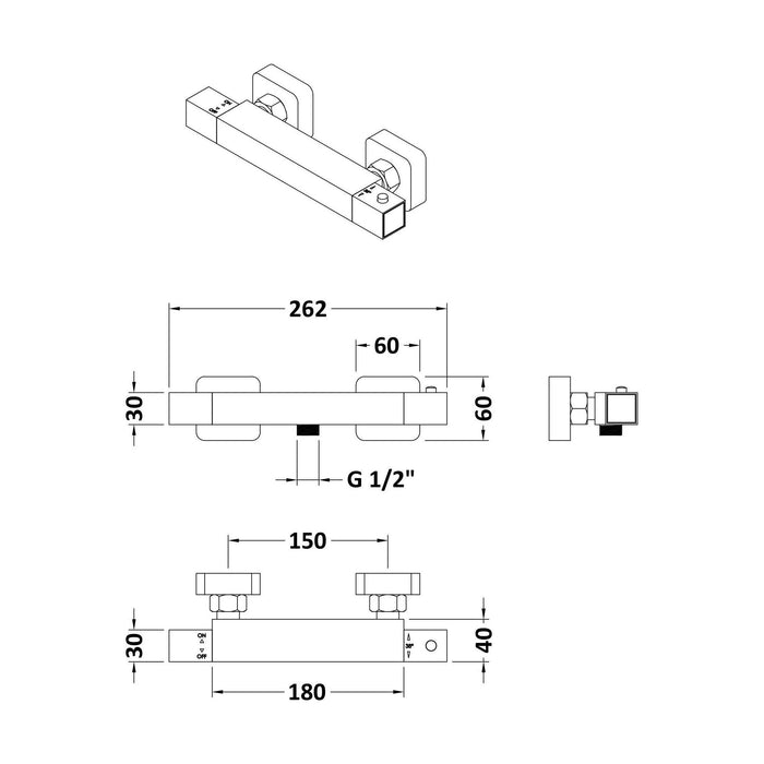 [BBV025] Square Wall Mount Shower Thermostatic Bar Valve Tap (Kit Not Included) - Chrome - Balterley - Technical Drawing