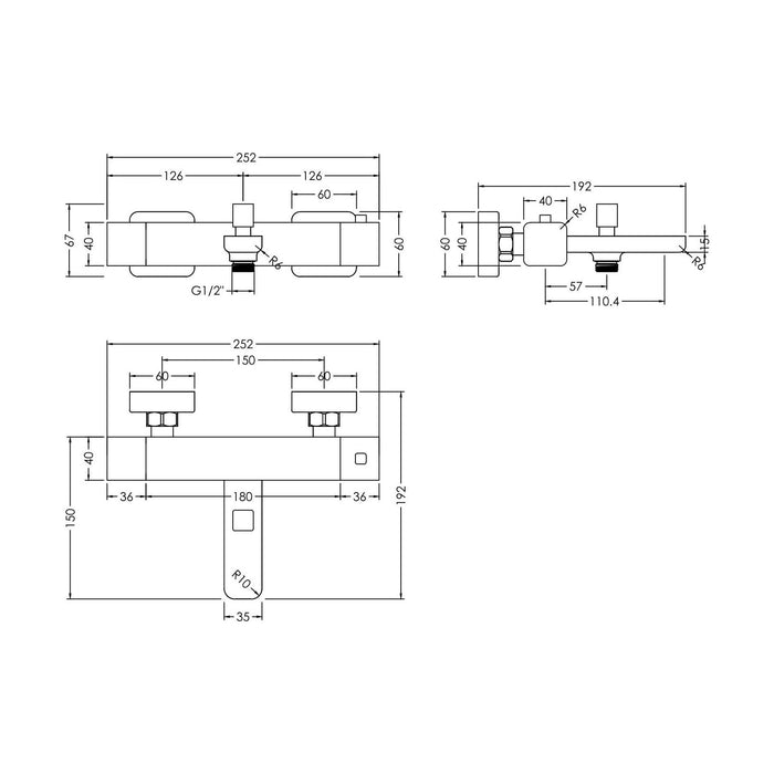 [BTEM005] Square Wall Mount Thermostatic Bath Shower Mixer Bar Valve Tap - Chrome - Technical Drawing