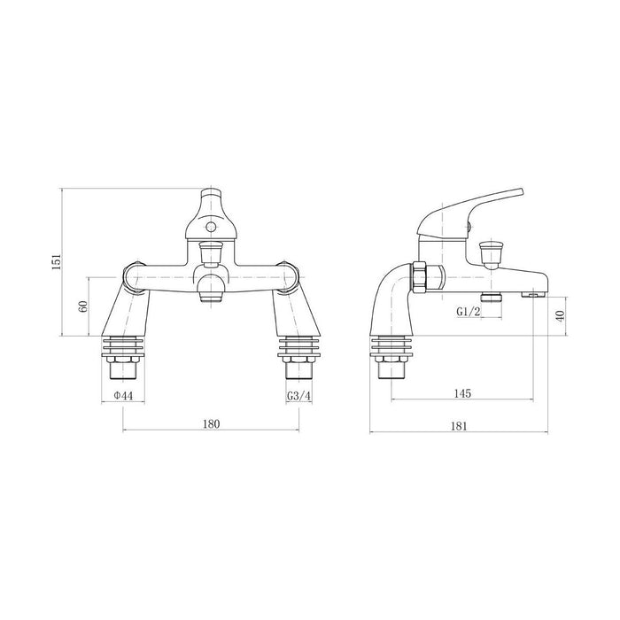 [BTTT004] Standard Deck Mounted Single Lever Bath Shower Mixer Tap - Chrome - Technical Drawing