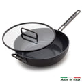 Milano Black ceramic 6.5-quart pan with glass lid and metal handles.
