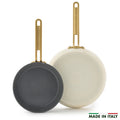 White ceramic 8-inch and 10-inch frypan set with gold handles, Carrara finish.