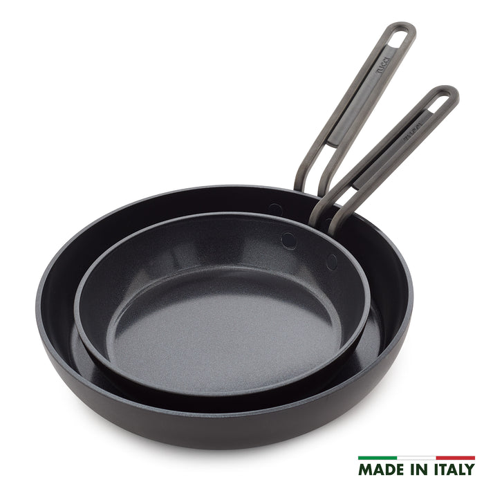 Set of two ceramic nonstick frypans, 8 and 10, in black with metal handles.