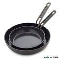 Set of two ceramic nonstick frypans, 8 and 10, in black with metal handles.