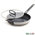 12-inch stainless steel frypan with ceramic nonstick surface, black handle, and matching lid.