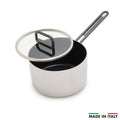 Stainless steel 4-quart saucepan with ceramic nonstick interior, glass lid, and Italian-made text bottom right.