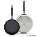 Set of two stainless steel frypans with black handles, ceramic nonstick coating, 8-inch and 10-inch sizes.
