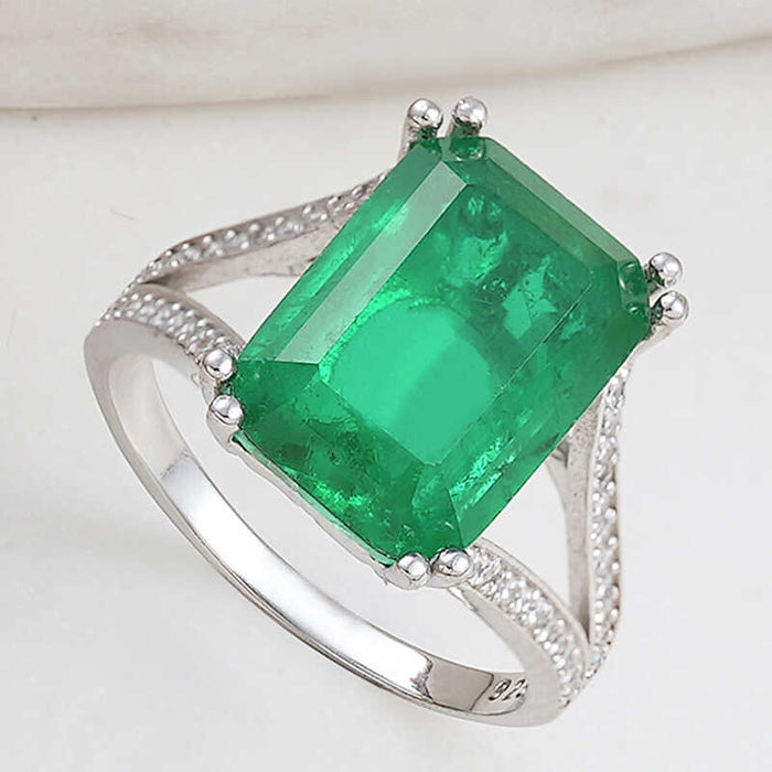 Statement Ring - Sterling Silver Emerald Cut Green Gemstone