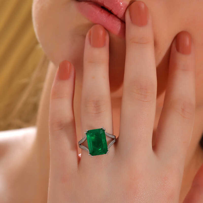 Statement Ring - Sterling Silver Emerald Cut Green Gemstone