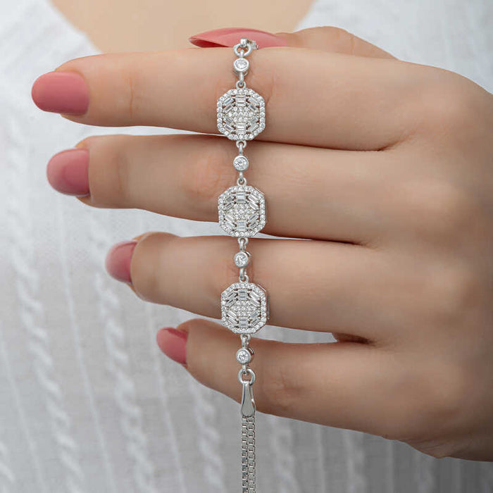 Sterling Silver Bracelet - Dazzling Baguette & Round Cut Stone Design