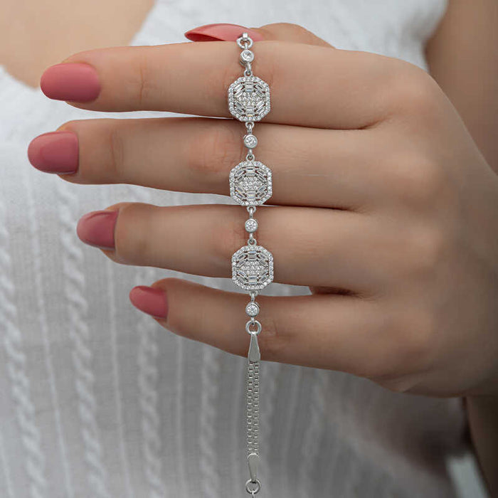 Sterling Silver Bracelet - Dazzling Baguette & Round Cut Stone Design