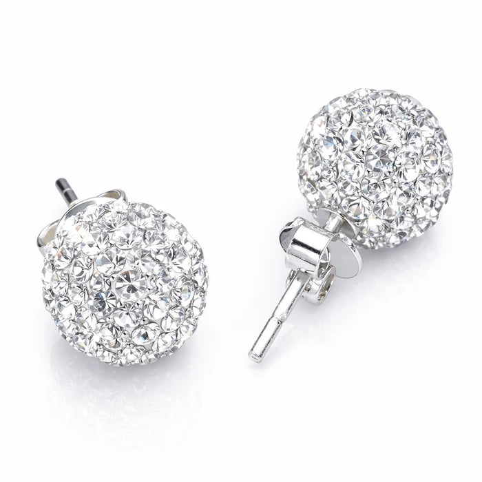 Sterling Silver Crystal Pave Ball Stud Earrings - Shimmering Glamour