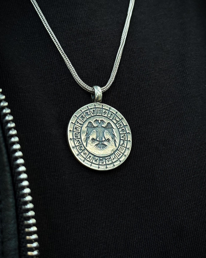 Sterling Silver Engraved Seljuk Eagle & Tribal Emblem Necklace
