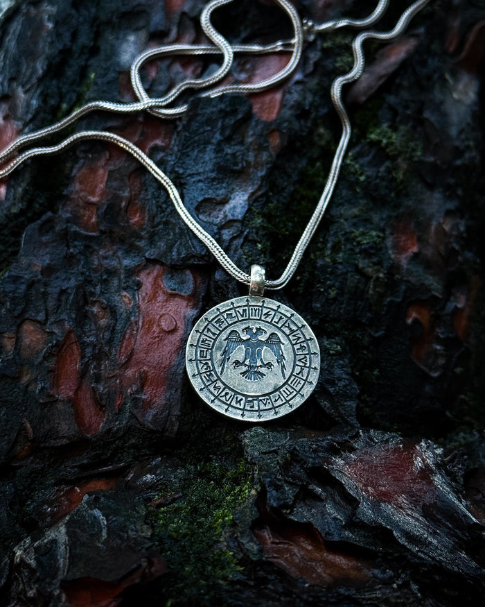 Sterling Silver Engraved Seljuk Eagle & Tribal Emblem Necklace