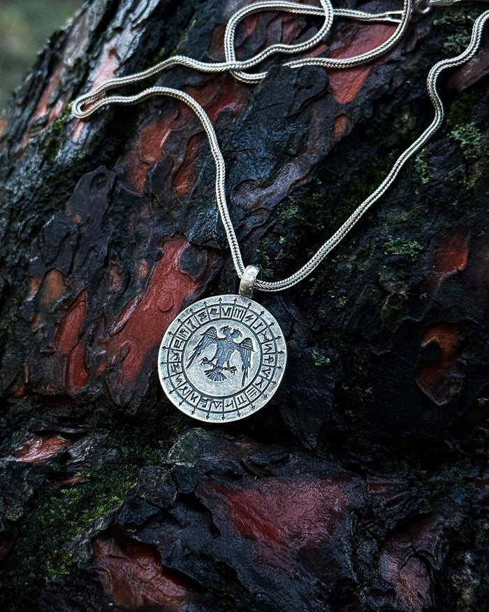 Sterling Silver Engraved Seljuk Eagle & Tribal Emblem Necklace