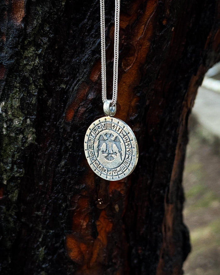 Sterling Silver Engraved Seljuk Eagle & Tribal Emblem Necklace