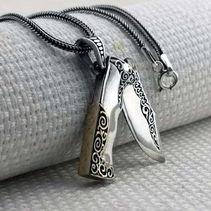 Sterling Silver Folding Knife Pendant Necklace - Ornate Design