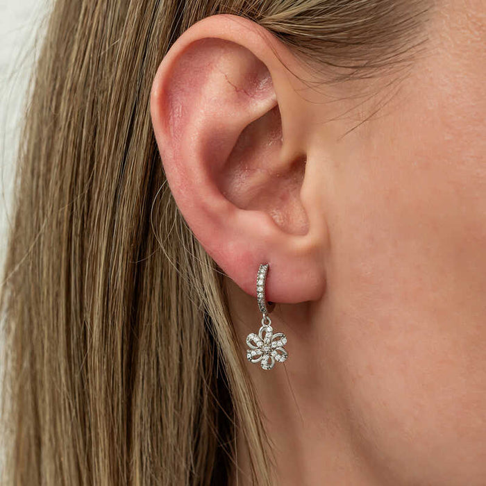 Sterling Silver Zirconia Floral Hoop Dangle Earrings
