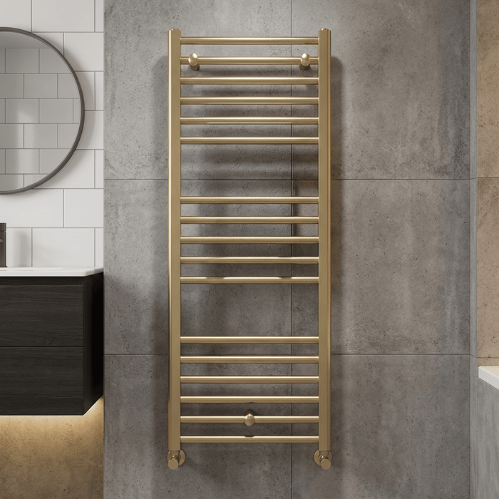 [BHSL805] Straight Towel Radiator with Round Rails 1200mm x 500mm, Brushed Brass - Silo