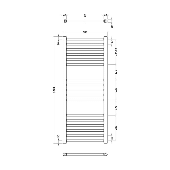 [BHSL805] Straight Towel Radiator with Round Rails 1200mm x 500mm, Brushed Brass - Technical Drawing