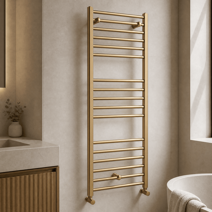 [BHSL805] Straight Towel Radiator with Round Rails 1200mm x 500mm, Brushed Brass - Lifestyle 1