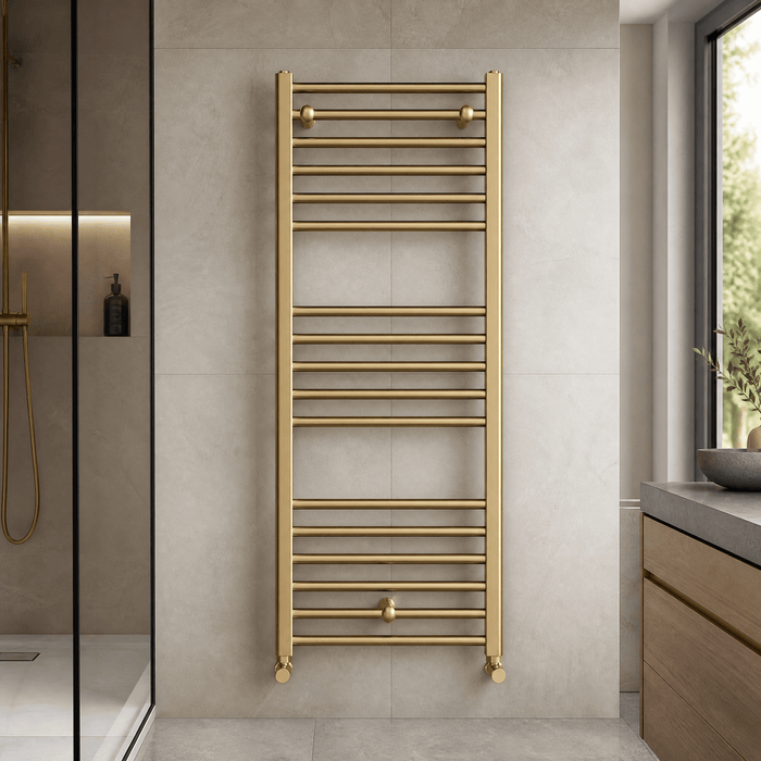 [BHSL805] Straight Towel Radiator with Round Rails 1200mm x 500mm, Brushed Brass - Lifestyle 2
