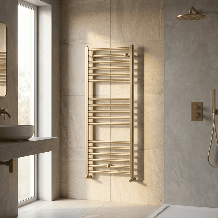[BHSL805] Straight Towel Radiator with Round Rails 1200mm x 500mm, Brushed Brass - Lifestyle 3