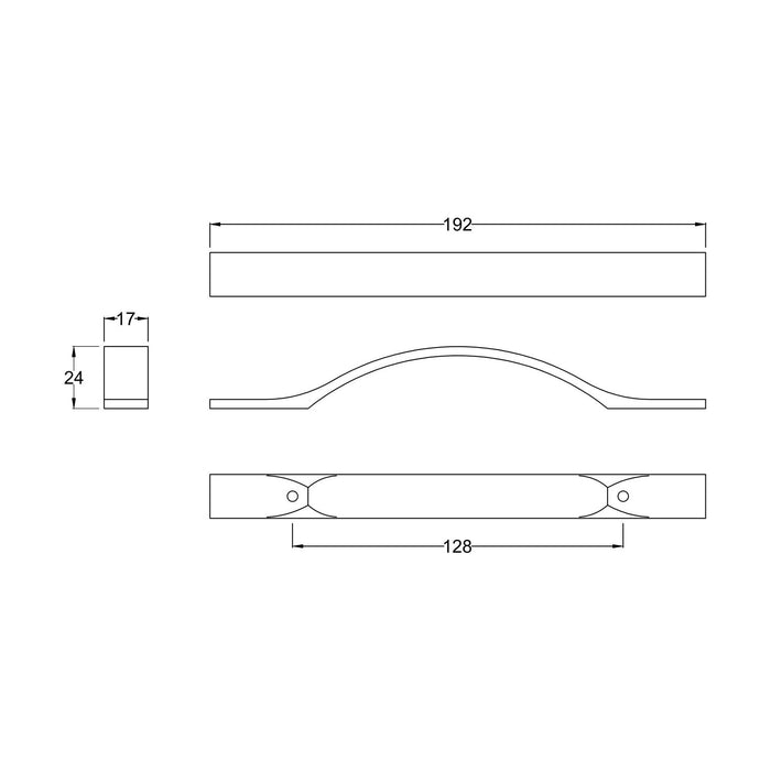 [BFH251] Strap Handle, 192mm (128mm Centres) - Chrome - Technical Drawing