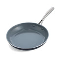 Ceramic nonstick 10-inch frypan with metal handle and drip-free rims, angled on a white background.
