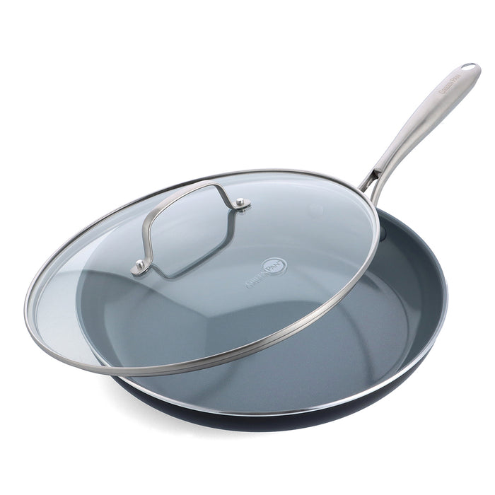Ceramic nonstick 12-inch frypan with lid and stainless steel handle, shown in a neutral color.