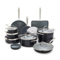 17-piece black ceramic cookware set with pots, pans, lids, and a steamer insert displayed together.