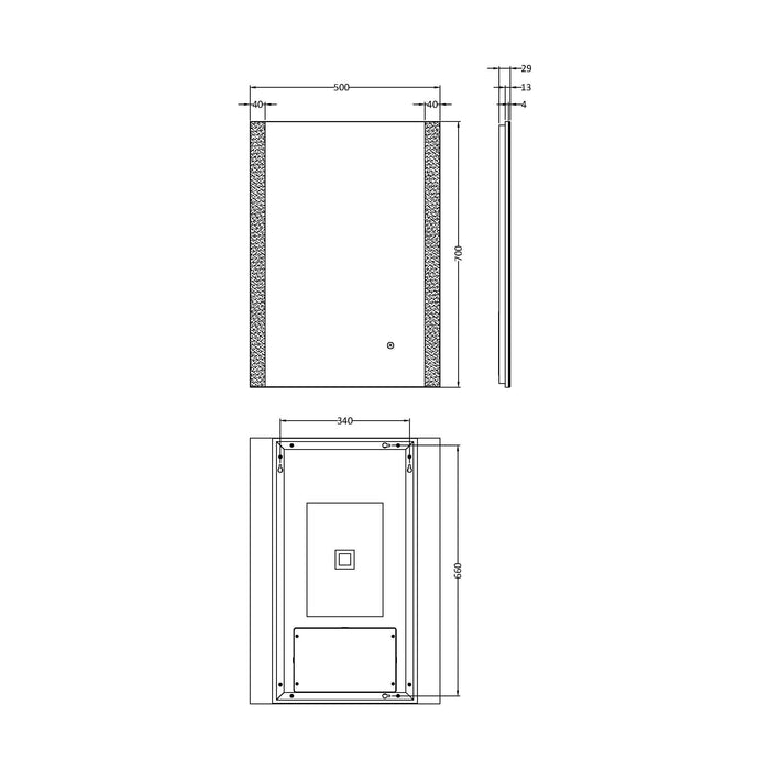 [BMAM601] Talke Contemporary Rectangular LED Illuminated Touch Sensor Mirror with Demister, 700mm x 500mm - Technical Drawing