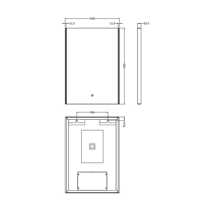 [BMLD503] Talke Minimalist Rectangular LED Illuminated Touch Sensor Mirror with Demister, 700mm x 500mm - Technical Drawing