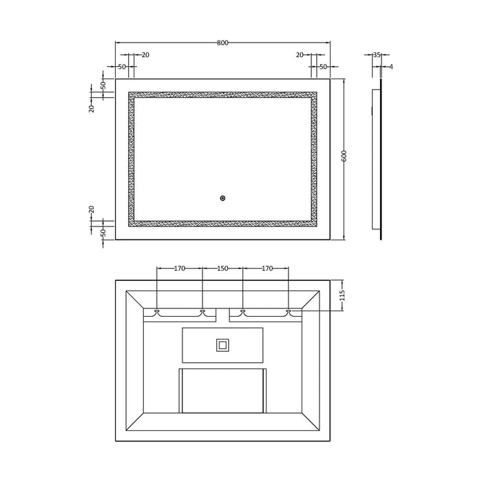 [BMLD506] Talke Rectangular Landscape LED Illuminated Touch Sensor Mirror with Demister, 800 x 500mm - Technical Drawing