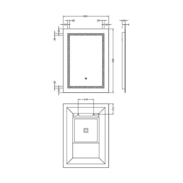 [BMLD505] Talke Rectangular LED Framed Illuminated Touch Sensor Mirror with Demister, 700mm x 500mm - Technical Drawing