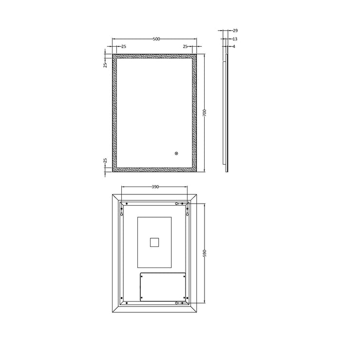 [BMAM602] Talke Rectangular LED Illuminated Touch Sensor Minimalist Mirror with Demister, 700 x 500mm - Technical Drawing