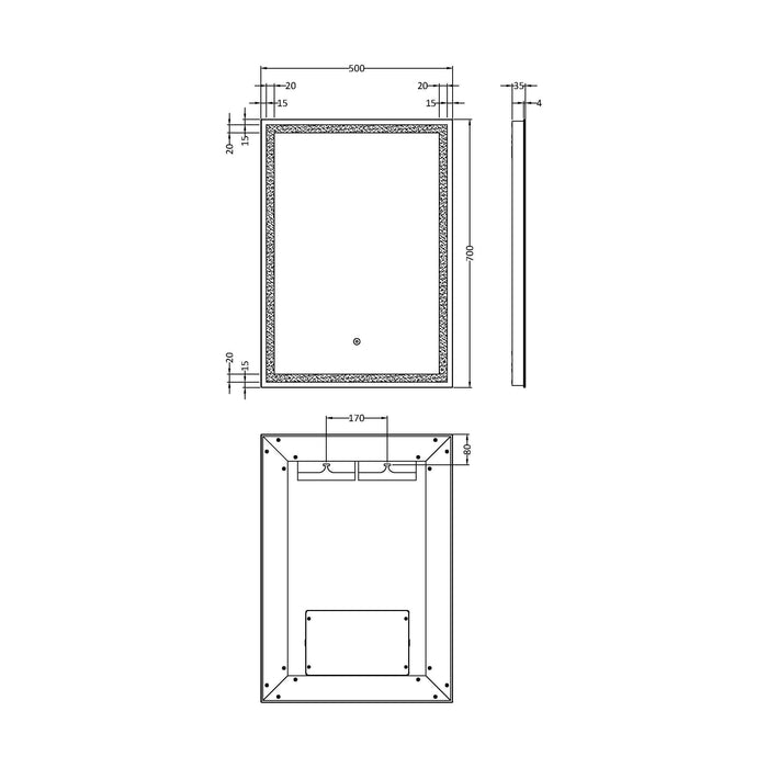 [BMLD502] Talke Rectangular LED Illuminated Touch Sensor Mirror with Demister, 700 x 500mm - Technical Drawing