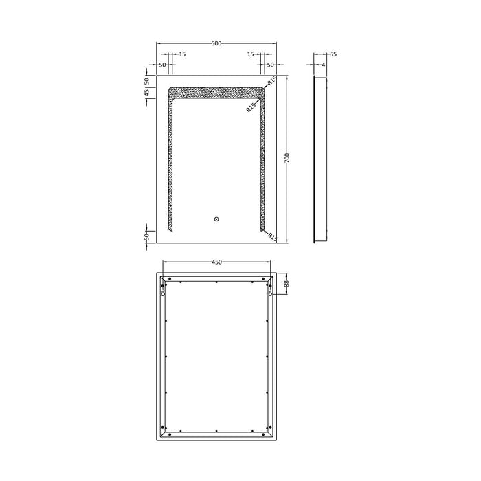 [BMLD501] Talke Rectangular LED Illuminated Touch Sensor Mirror with Demister, 700mm x 500mm - Technical Drawing