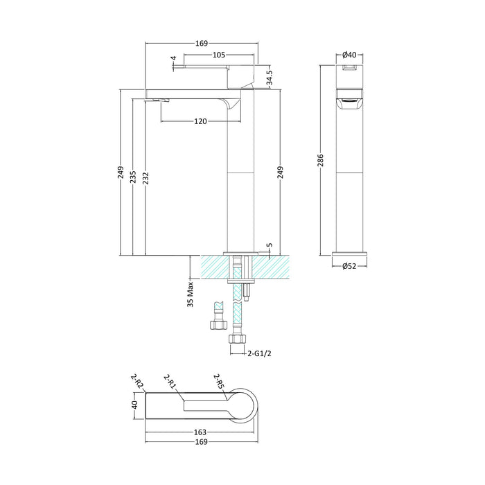 [BTIL370] Tall Mono Basin Mixer P/B Waste - Technical Drawing